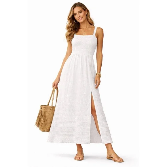 No Comment White Smocked Midi Dress Sleeveless Lined Size L Beach‎ Boho Summer - Picture 2 of 6